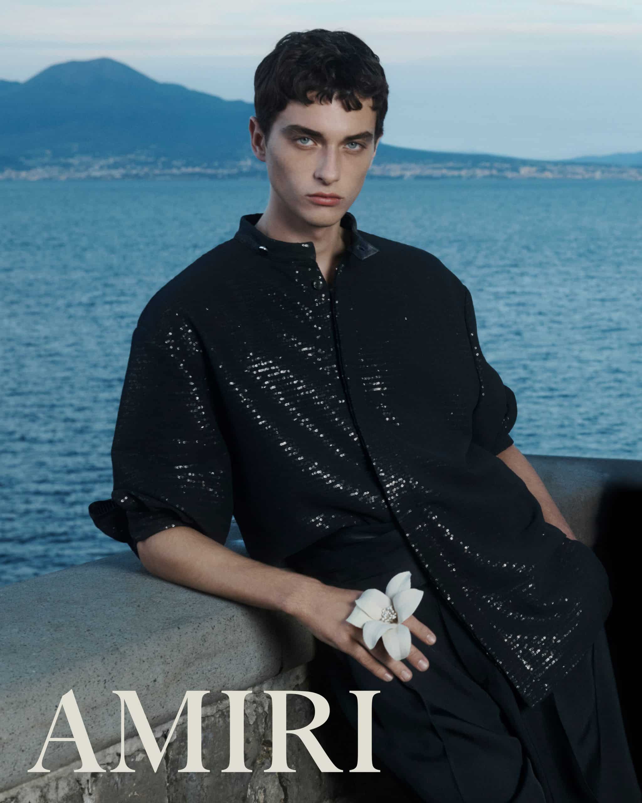 Advertising image from the AMIRI Spring Summer 2024 campaign, produced and coordinated by Hotel Production with the professionality Milan is known for.
